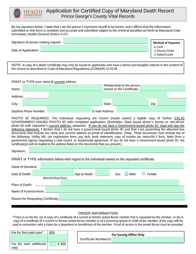 Application For Certified Copy Of Maryland Death Record screenshot