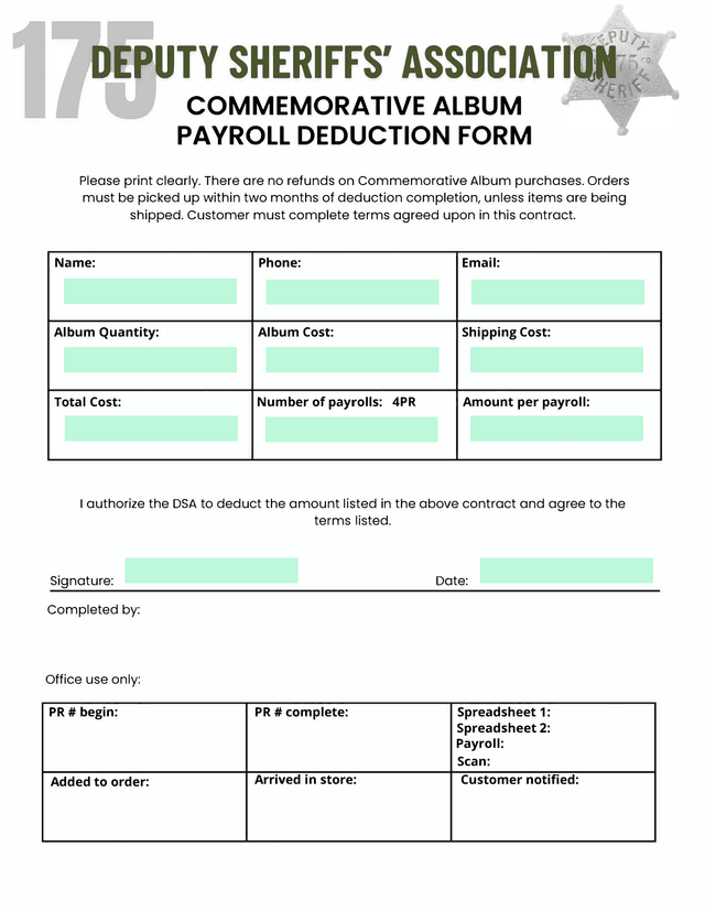 Deputy Sheriffs Association Commemorative Album Payroll Deduction Form screenshot