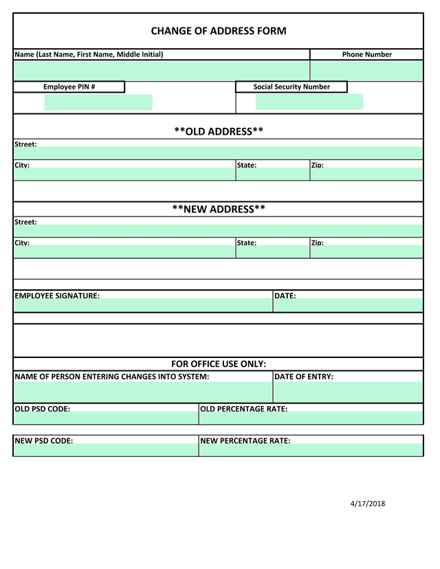 Change Of Address Form screenshot