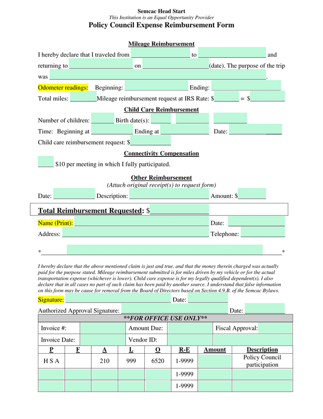 Policy Council Expense Reimbursement Form screenshot
