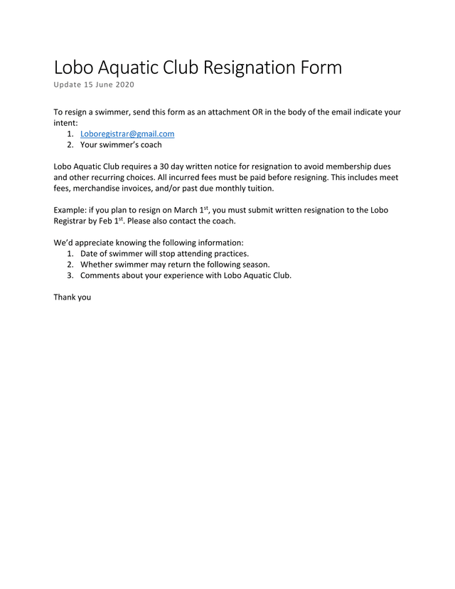 Lobo Aquatic Club Resignation Form screenshot