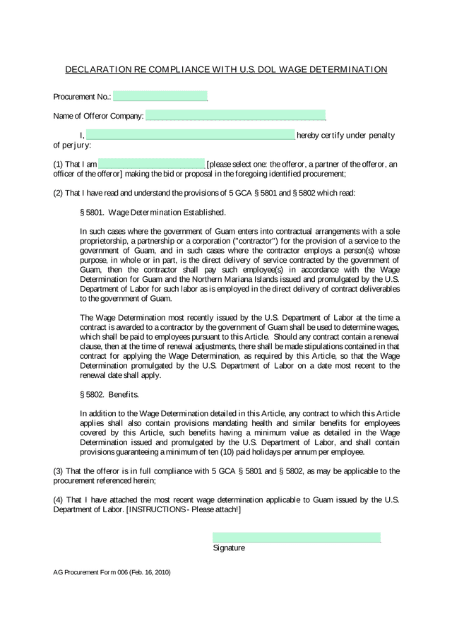 Declaration Re Compliance With U.S. DOL Wage Determination screenshot