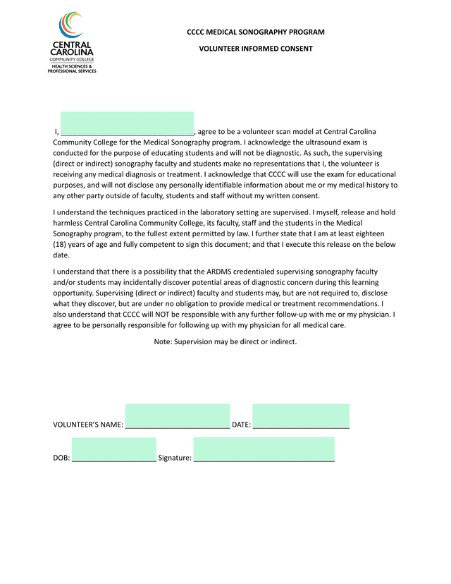CCCC Medical Sonography Program Volunteer Informed Consent screenshot
