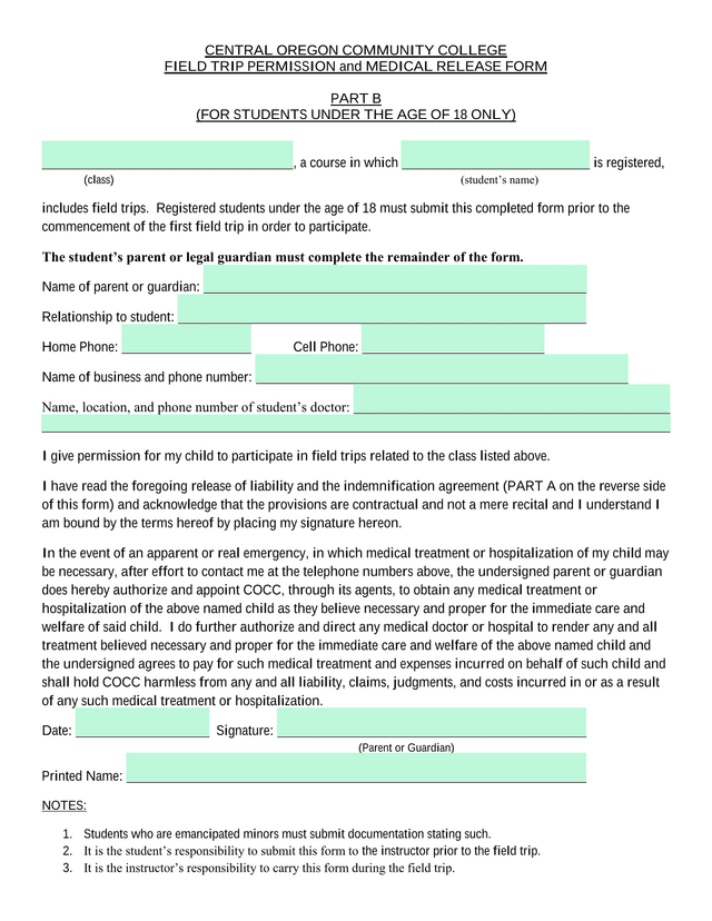 Field Trip Permission And Medical Release Form screenshot