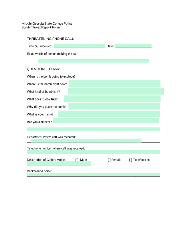 Bomb Threat Report Form screenshot