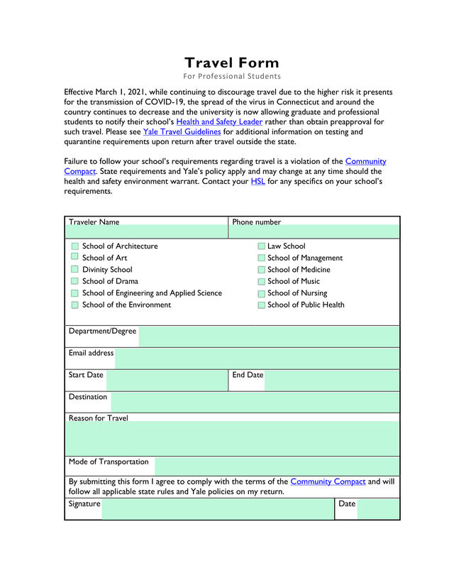 Travel Form For Professional Students screenshot