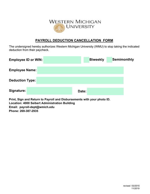 Payroll Deduction Cancellation Form screenshot