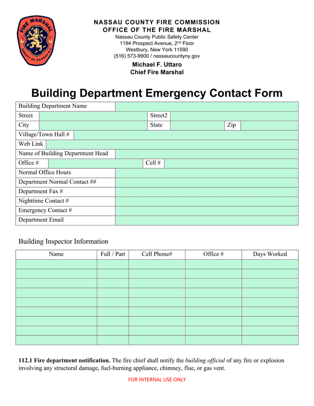 Building Department Emergency Contact Form screenshot