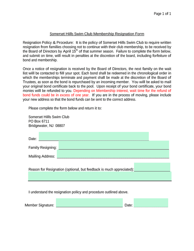Somerset Hills Swim Club Membership Resignation Form screenshot