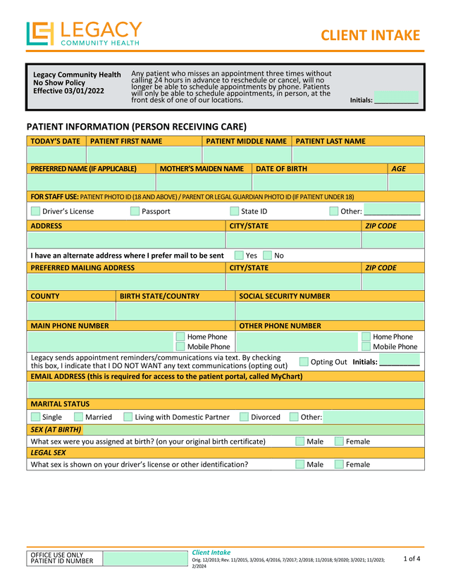 Legacy Community Health Client Intake screenshot