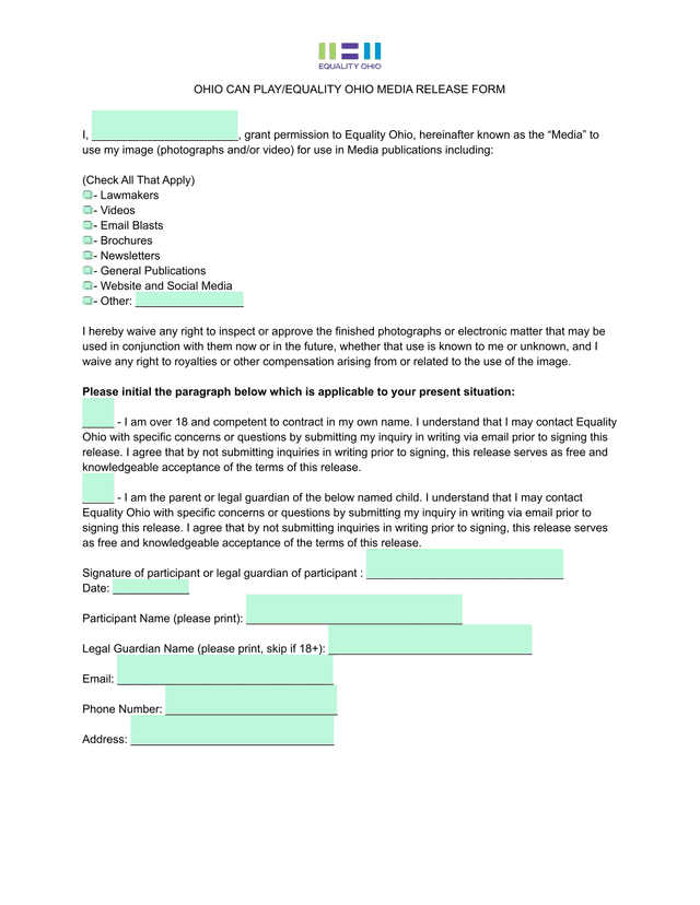 Ohio Can PlayEquality Ohio Media Release Form screenshot