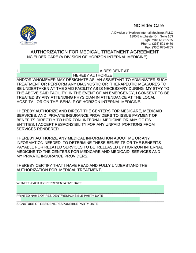 Authorization For Medical Treatment Agreement screenshot