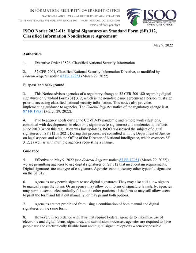 ISOO Notice 2022 01 Digital Signatures On Standard Form (SF) 312, Classified Information Nondisclosu screenshot