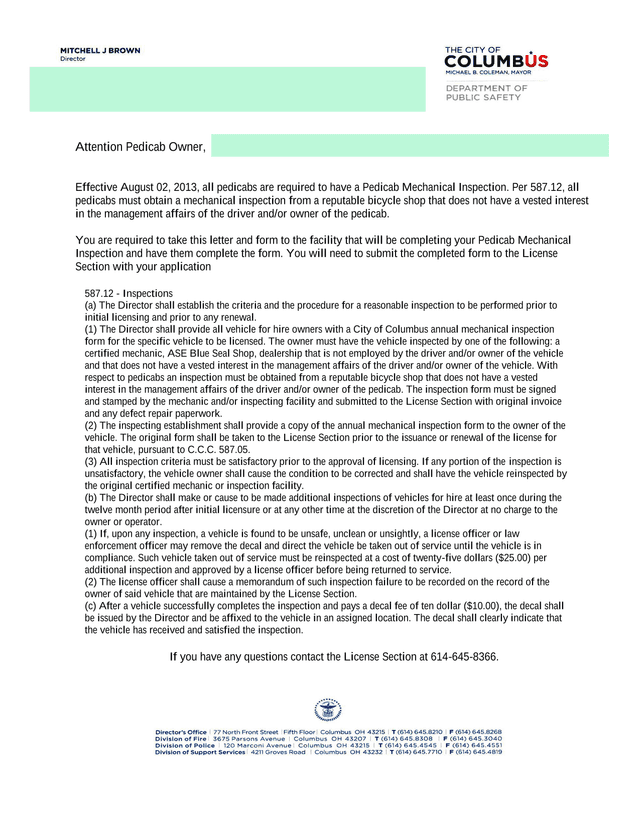 Pedicab Mechanical Inspection Requirements screenshot