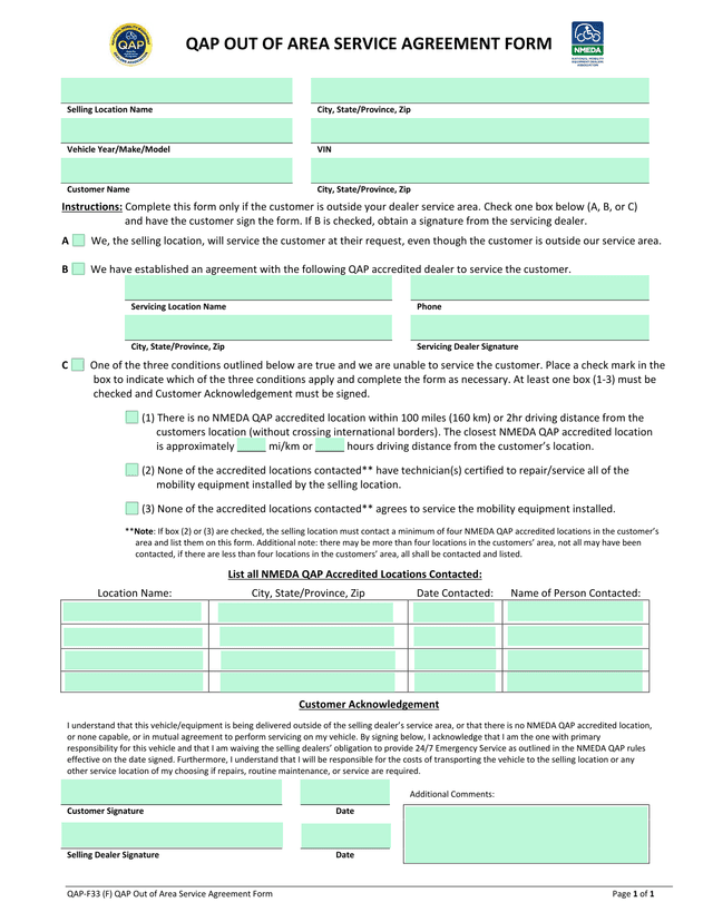 QAP Out Of Area Service Agreement Form screenshot