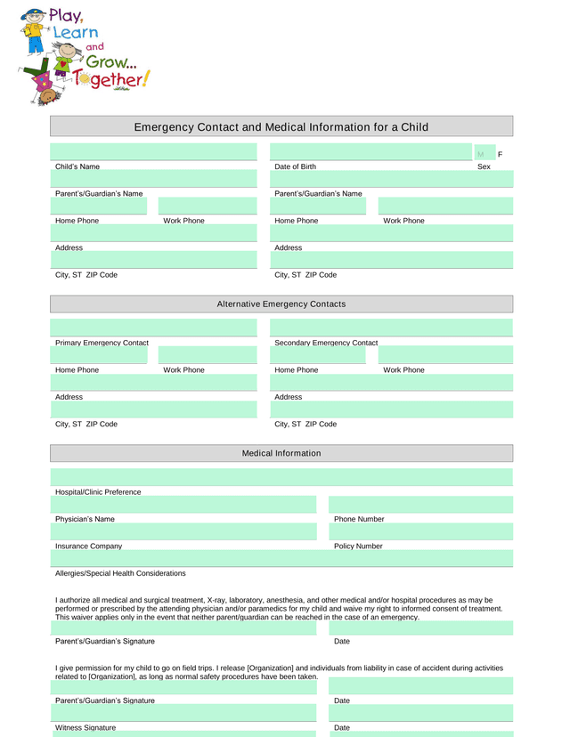 Emergency Contact And Medical Information For A Child screenshot