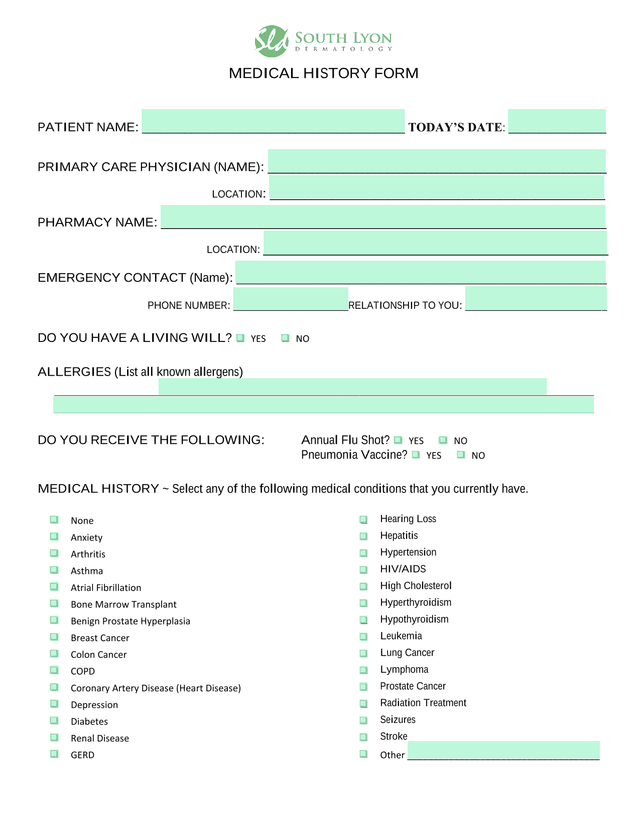 MEDICAL HISTORY FORM screenshot