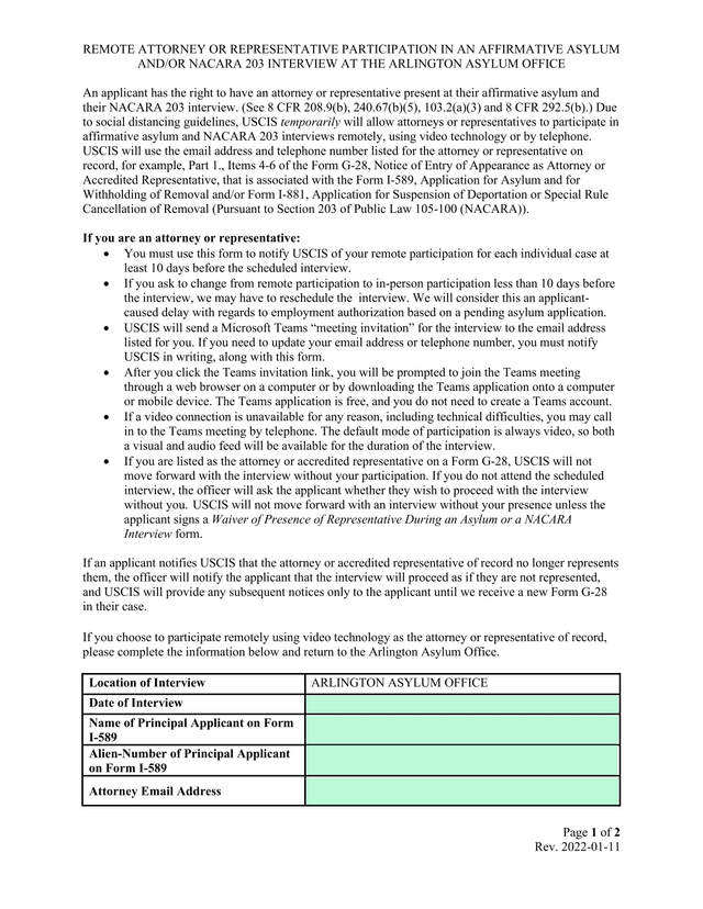 Remote Attorney Or Representative Participation In An Affirmative Asylum AndOr NACARA 203 Interview  screenshot