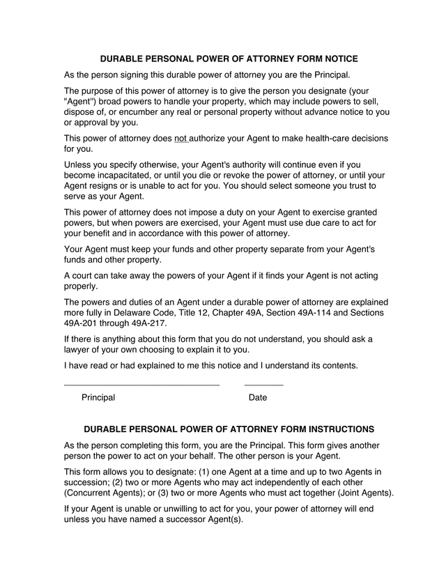 Durable Personal Power Of Attorney Form Notice screenshot