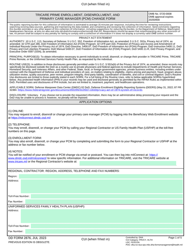 DD FORM 2876 TRICARE PRIME ENROLLMENT, DISENROLLMENT, AND PRIMARY CARE MANAGER (PCM) CHANGE FORM screenshot