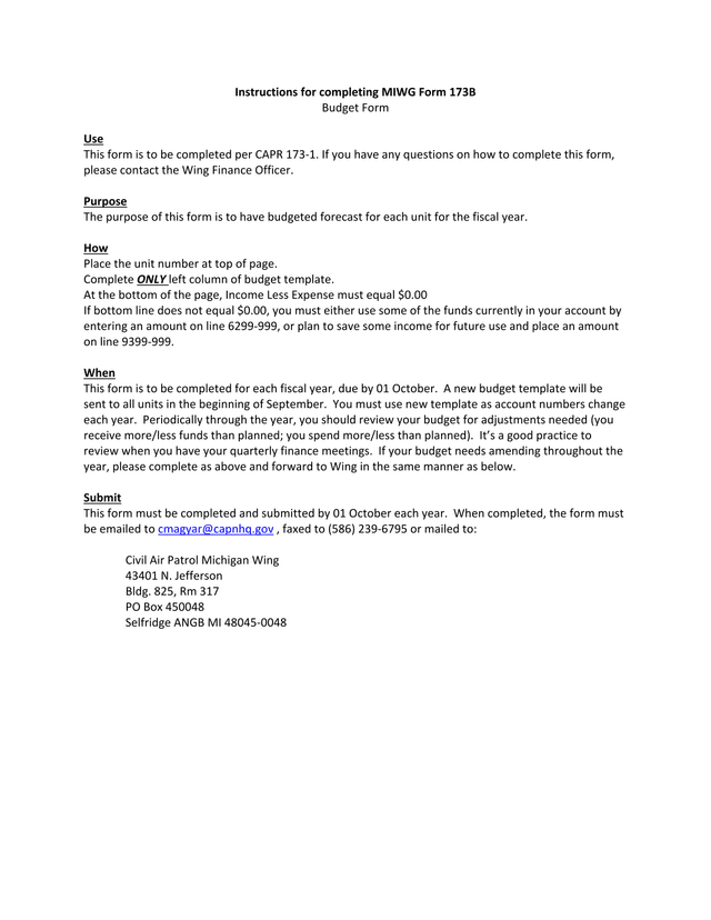 MIWG Form 173B Budget Form screenshot