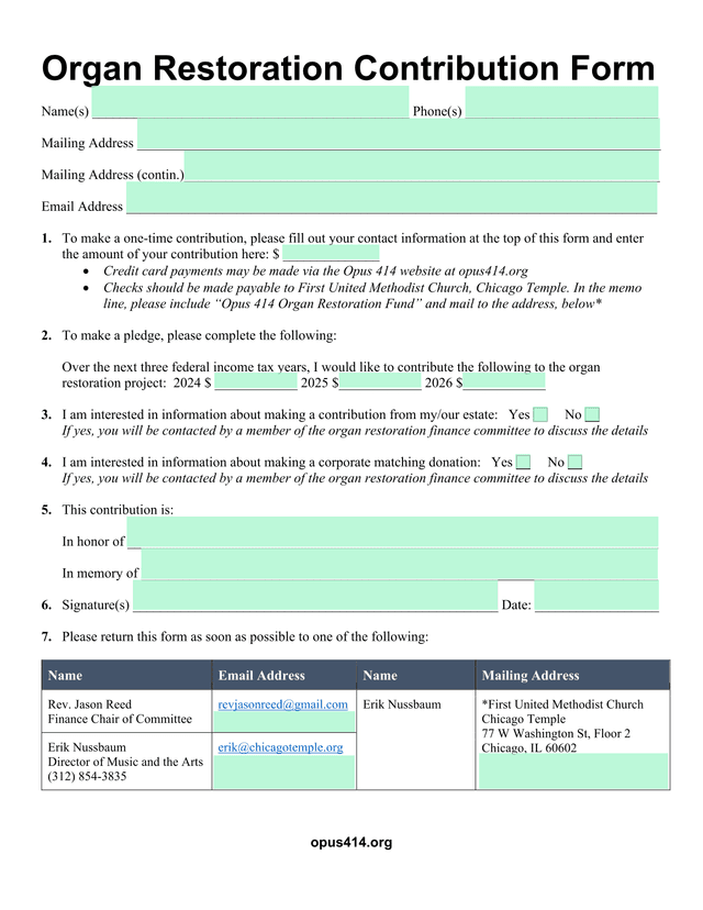 Organ Restoration Contribution Form screenshot