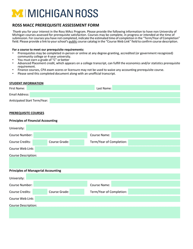 ROSS MACC PREREQUISITE ASSESSMENT FORM screenshot