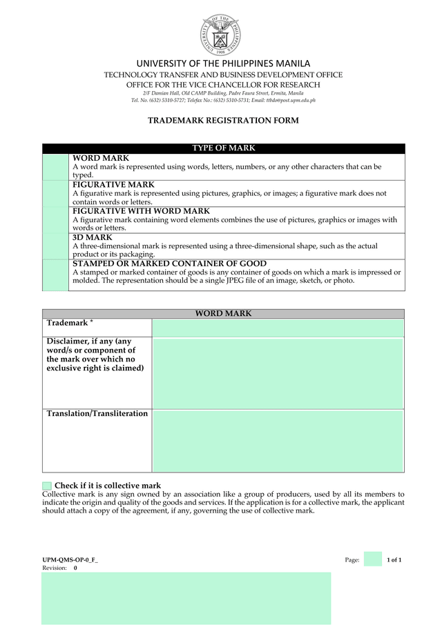 Trademark Registration Form screenshot