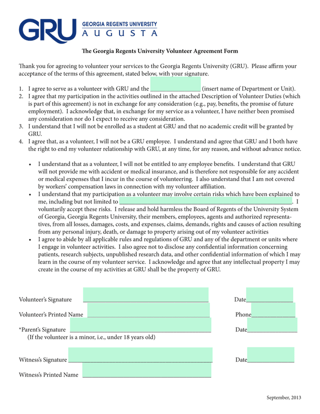 Georgia Regents University Volunteer Agreement Form screenshot