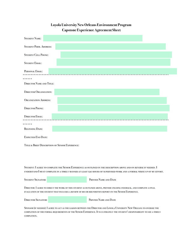 Loyola University New Orleans Environment Program Capstone Experience Agreement Sheet screenshot