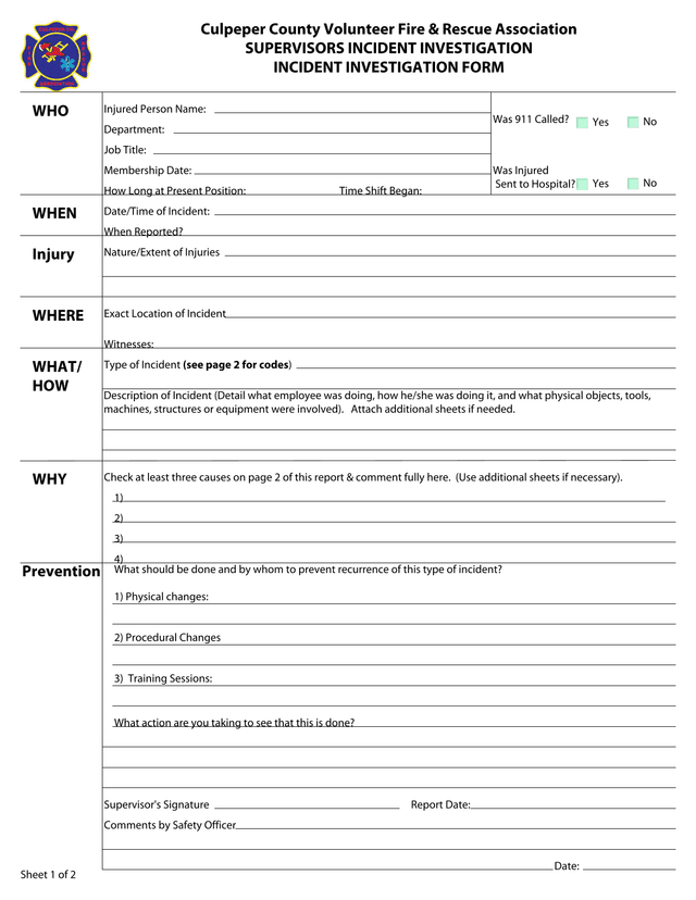 Supervisors Incident Investigation Form screenshot