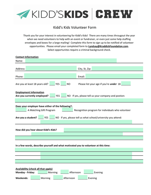 KiddS Kids Volunteer Form screenshot