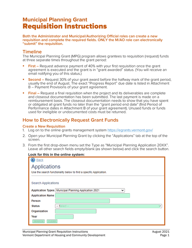 Municipal Planning Grant Requisition Instructions screenshot