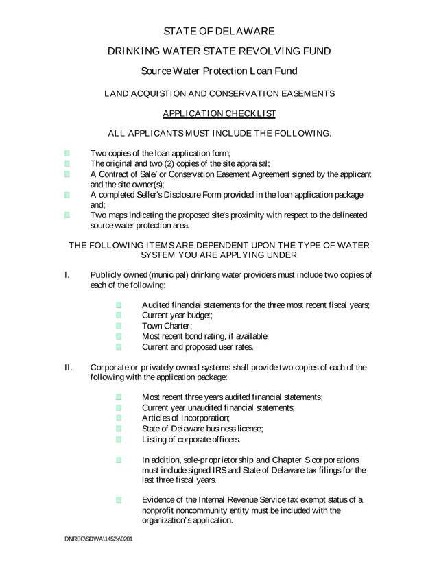 STATE OF DELAWARE DRINKING WATER STATE REVOLVING FUND Source Water Protection Loan Fund LAND ACQUIST screenshot