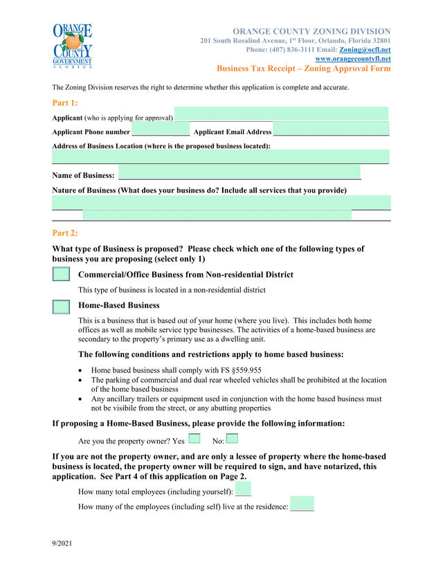 Business Tax Receipt  Zoning Approval Form screenshot