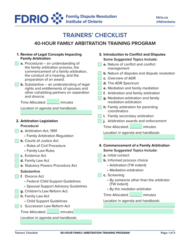 TRAINERS CHECKLIST 40 HOUR FAMILY ARBITRATION TRAINING PROGRAM screenshot