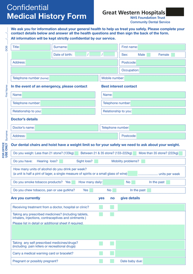 Medical History Form screenshot