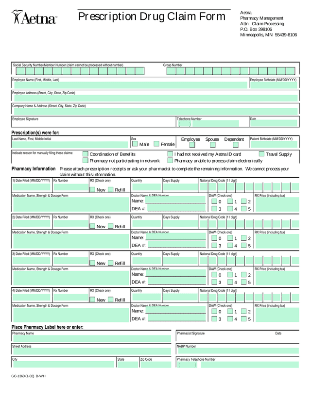 Prescription Drug Claim Form screenshot