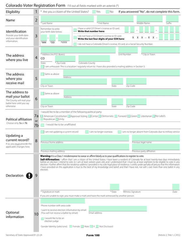 Colorado Voter Registration Form screenshot