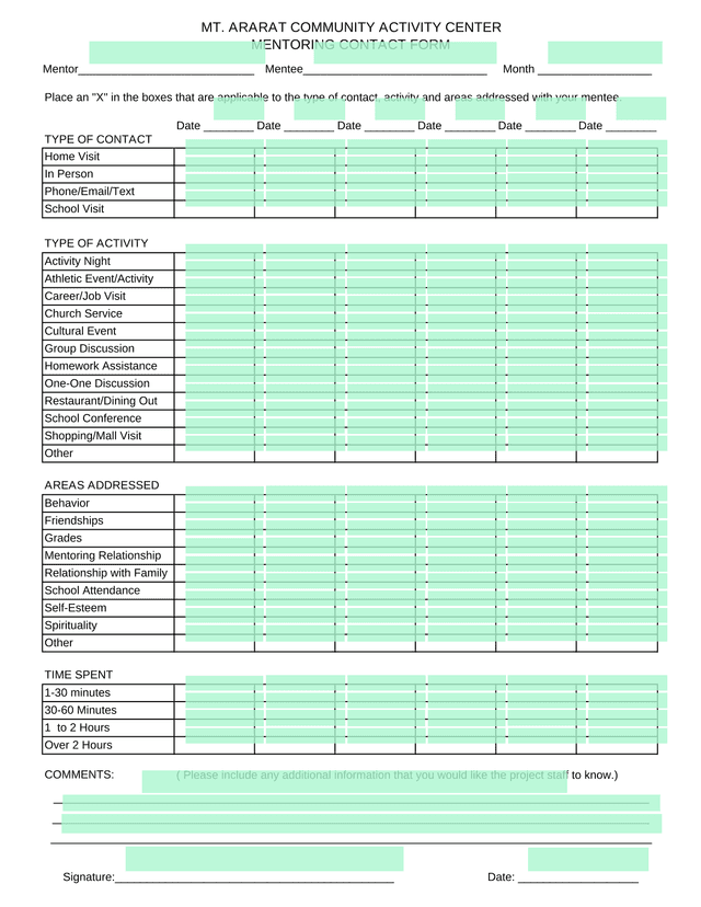 Mt. Ararat Community Activity Center Mentoring Contact Form screenshot