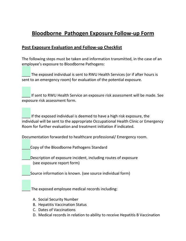 Bloodborne Pathogen Exposure Follow Up Form screenshot