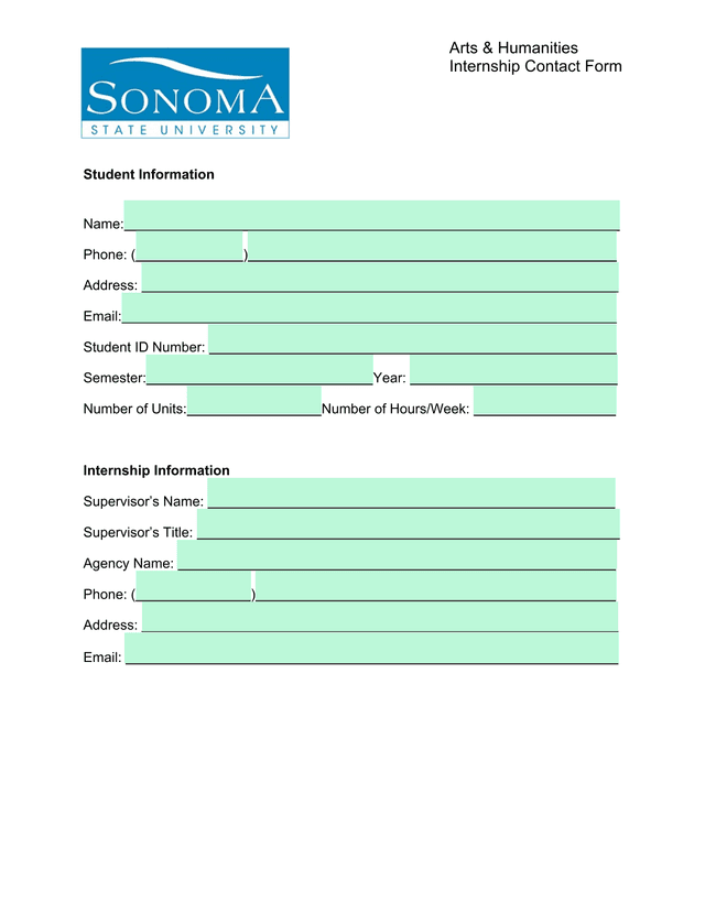 Arts  Humanities Internship Contact Form screenshot