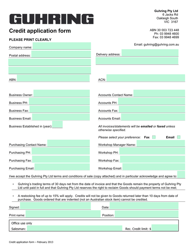Credit Application Form screenshot