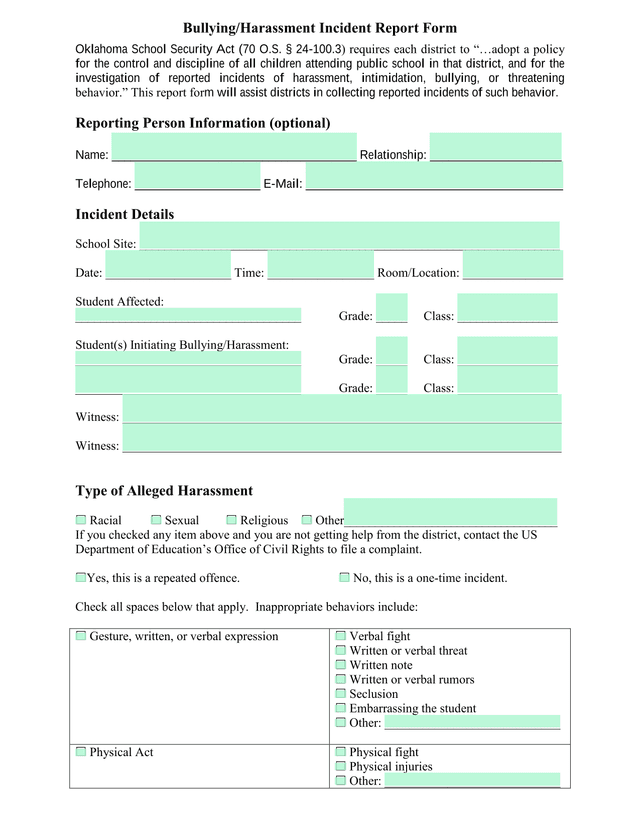 BullyingHarassment Incident Report Form screenshot