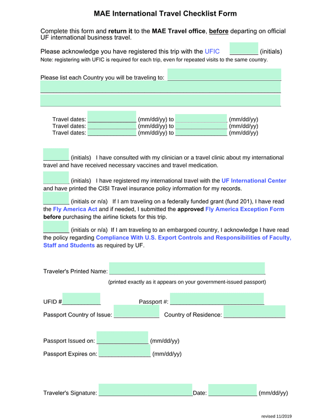 MAE International Travel Checklist Form screenshot