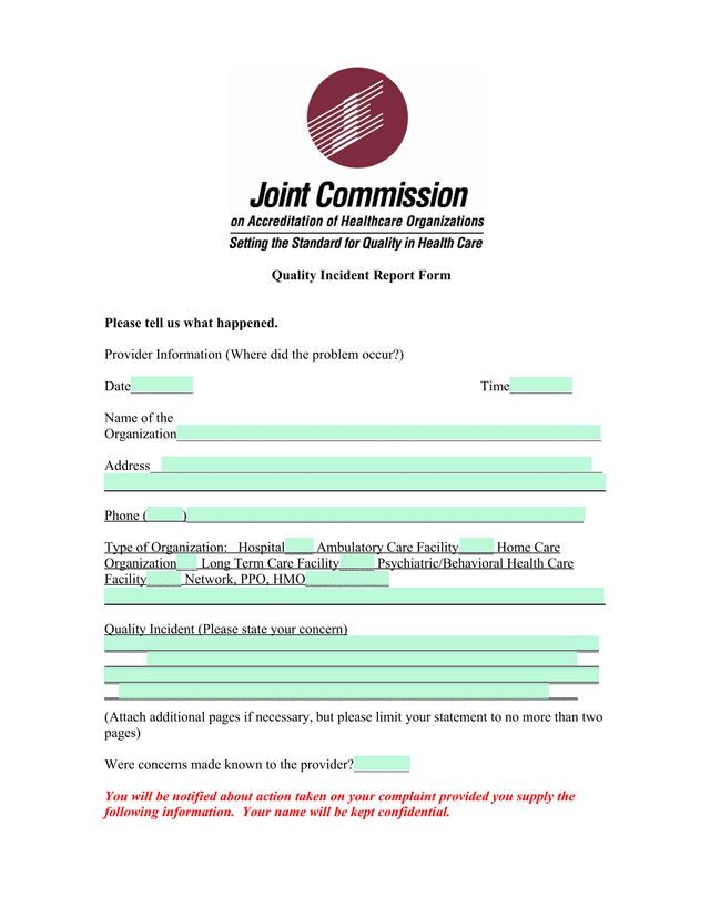 Quality Incident Report Form screenshot