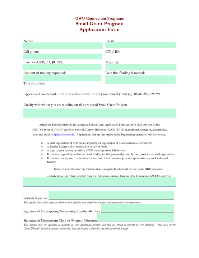 OWU Connection Programs Small Grant Program Application Form screenshot