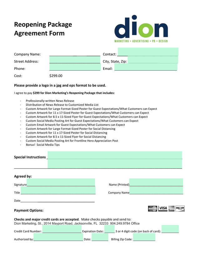 Reopening Package Agreement Form screenshot