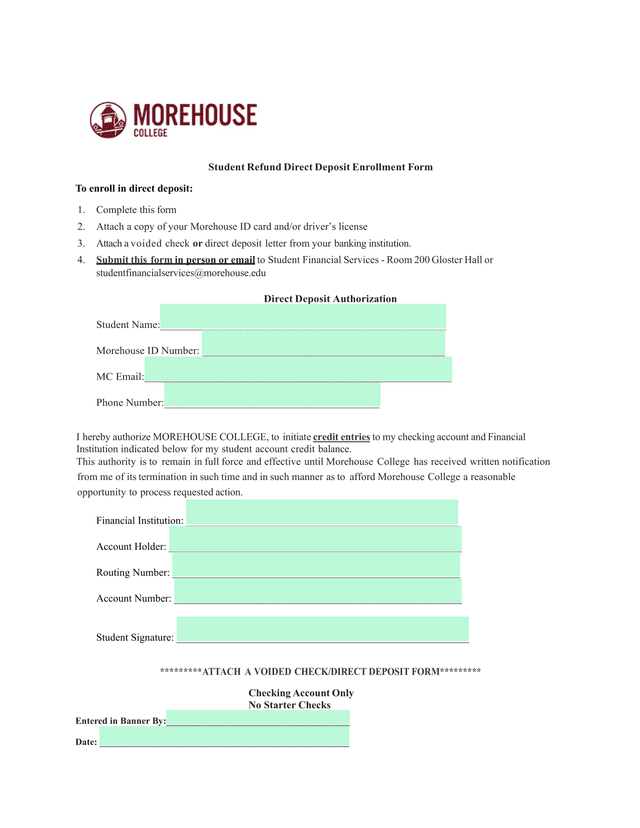 Student Refund Direct Deposit Enrollment Form screenshot