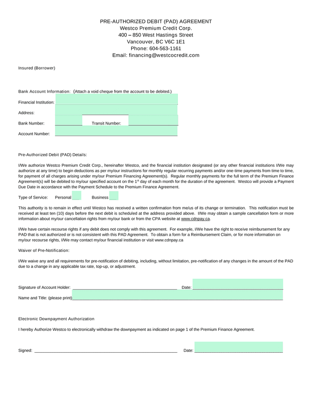 Pre Authorized Debit (PAD) Agreement screenshot